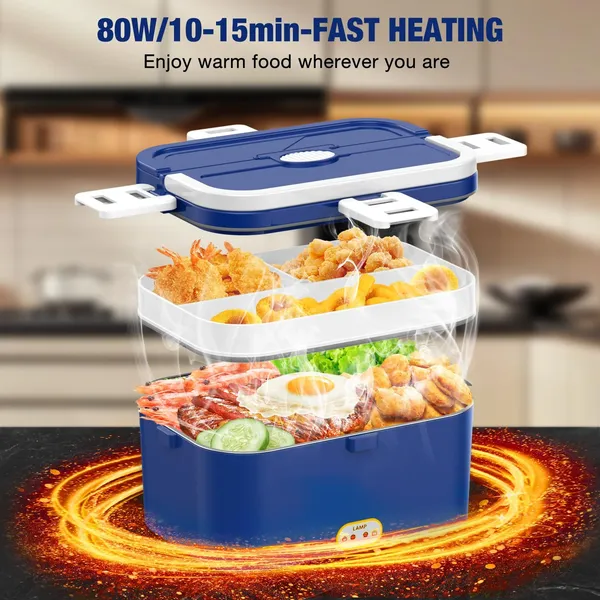 Electric Lunch Box Food Heater 80W, 4 in 1 Ultra Quick Heated Lunch Boxes for Adults 12V/24V/110V/220V Portable Food Warmer for Car/Truck/Office With Fork Spoon and Insulated Carry Bag