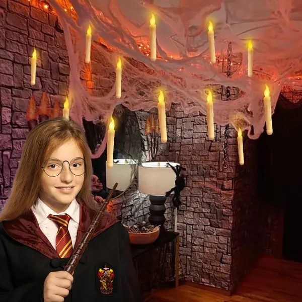 12 Pcs Floating Candles with Wand, Magic Hanging Candles Flameless, Flickering Warm Light LED Taper Candle with Wand Remote, Battery Operated Window Candle for Halloween Witch Wizzard Decor