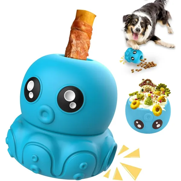 Dog Toys Clearance,URRU Dog Treat Dispenser Toys,Squeaky Stuffable Dog Chew Toy,Dog Toys for Aggressive Chewers,Interactive Slow Feeder Tough Puzzle Toys Teeth Cleaning,Blue Octopus
