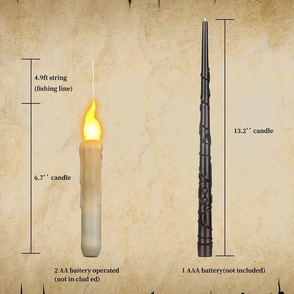 12 Pcs Floating Candles with Wand, Magic Hanging Candles Flameless, Flickering Warm Light LED Taper Candle with Wand Remote, Battery Operated Window Candle for Halloween Witch Wizzard Decor