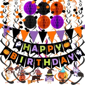 Jripae Halloween Birthday Decorations - Happy Birthday Banner with Honeycomb Ball, Halloween Hanging Swirl Streamer, Circle Dot Garland Decorations - Halloween theme Birthday Party Decoration