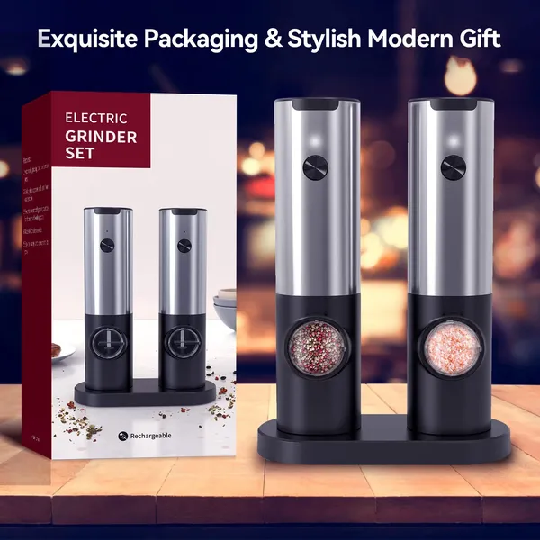 Rechargeable Electric Salt and Pepper Grinder Set, Stainless Steel