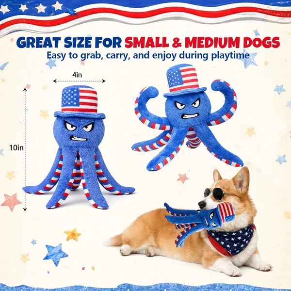 Pet Deluxe Dog Squeaky Toy USA 250th Independence Day Plush Dog Toys to Keep Them Busy,Interactive Squeaky Tug of War Doggie Toy, Crinkle Blue Octopus for Small Medium Dogs
