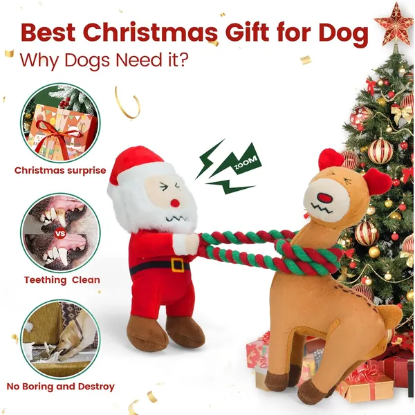 URRU Christmas Dog Toys - 2 Pack Squeaky Stuffed Toys for Large Medium Small Dogs With Detachable Rope, Crinkle to Keep Them Busy - Santa Claus & Reindeer
