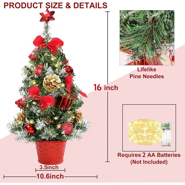 Tabletop Christmas Tree,16 inch Mini Artificial Pre-lit Christmas Tree with Battery Powered LED String Lights Christmas Decorations Indoor Xmas Office Home Decor