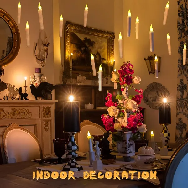 12 Pcs Floating Candles with Wand, Magic Hanging Candles Flameless, Flickering Warm Light LED Taper Candle with Wand Remote, Battery Operated Window Candle for Halloween Witch Wizzard Decor