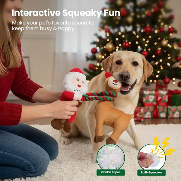 URRU Christmas Dog Toys - 2 Pack Squeaky Stuffed Toys for Large Medium Small Dogs With Detachable Rope, Crinkle to Keep Them Busy - Santa Claus & Reindeer