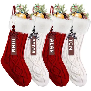 4PACK Christmas Stockings,18Inches Large Cable Knitted Stocking Personalized Xmas Hanging Stocking Decorations with Name Tags for Holiday Christmas Party Family Decor