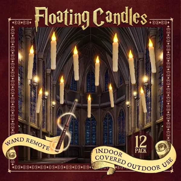 12 Pcs Floating Candles with Wand, Magic Hanging Candles Flameless, Flickering Warm Light LED Taper Candle with Wand Remote, Battery Operated Window Candle for Halloween Witch Wizzard Decor