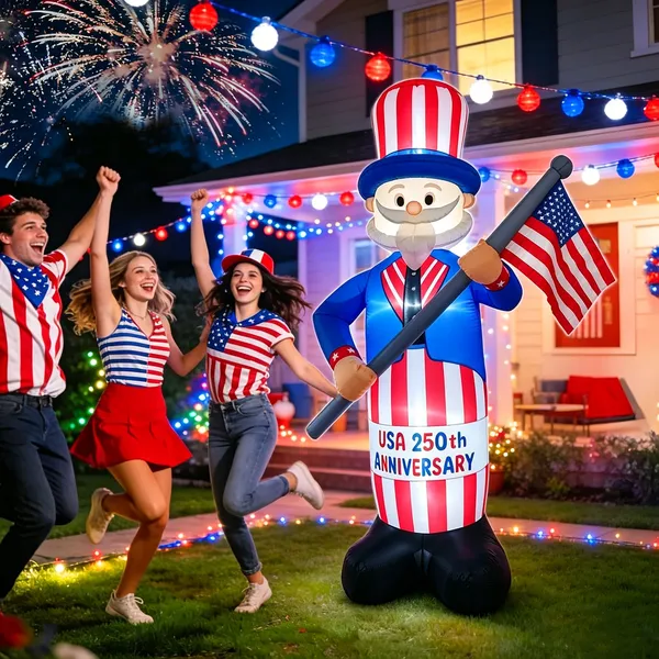 8FT 250th Anniversary 4th of July Inflatables Outdoor Decorations Patriotic Blow Up Yard Decorations with LED Lights Fourth of July Memorial Independence Day Party Garden Holiday Outside Decor