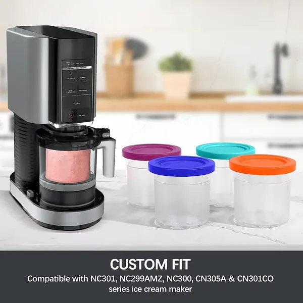 Containers Replacement for Ninja Creami Pints and Lids - 4 Pack, 16oz Cups Compatible with NC301 NC300 NC299AMZ Series Ice Cream Maker - Dishwasher Safe
