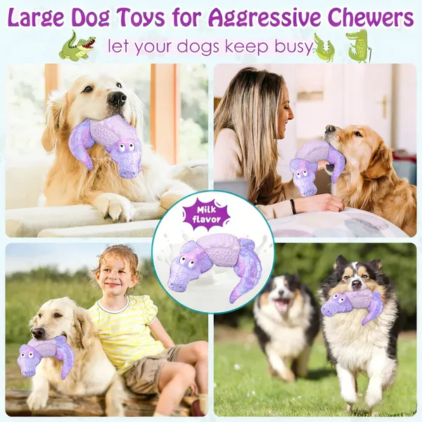 Dog Toys for Super Aggresive Chewers Indestructible Interactive Tough Dog Chew Crocodile Toy Heavy Duty Durable Toys Teeth Cleaning for Large Medium Dogs (Purple)