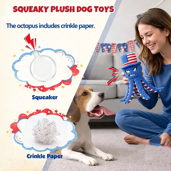 Pet Deluxe Dog Squeaky Toy USA 250th Independence Day Plush Dog Toys to Keep Them Busy,Interactive Squeaky Tug of War Doggie Toy, Crinkle Blue Octopus for Small Medium Dogs