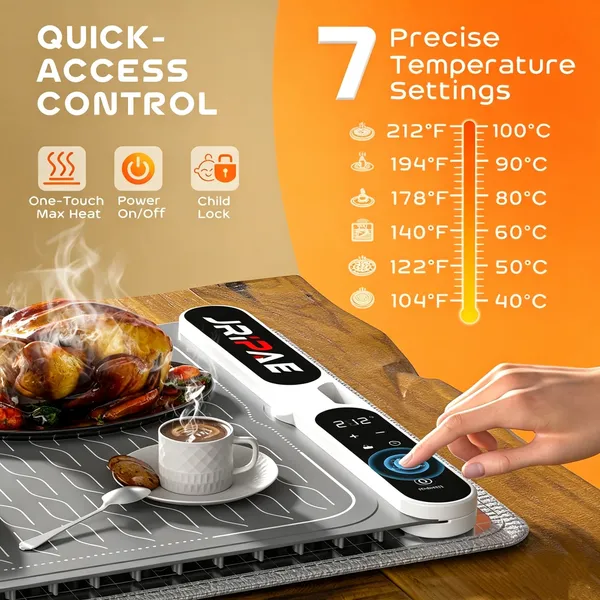 Extra Large Food Warming Mat 580W (XXXL 40"X15"), Electric Warming Tray Silicone Food Warmers for Parties Buffet with Insulated Mat, 7-Temp & 8H Timer, Fast Heating Portable Heating Pad for Daily Use