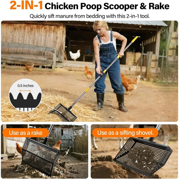 Pet Deluxe 2-in-1 Chicken Poop Scooper & Rake,12" Heavy Duty Sifting Shovel for Coop Cleaning, Adjustable 26" to 76" Stainless Steel Handle for Cleaning Cat Litter, Beach Sand, Small Farms, Pet Waste
