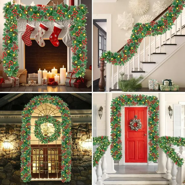 Pre-Lit Christmas Garland with Lights, 50 LEDs 9FT Christmas Garland Battery Operated Christmas Decoration Lighted Garland for Stairs Railing Fireplace Mantle Front Door Home Holiday Decor