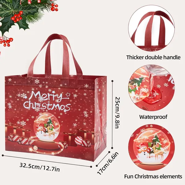8 Pack Christmas Large Gift Bags with Handles, Non-Woven Tote Bags for Wrapping Xmas Party Favors, 12.8"x9.8"x6.7
