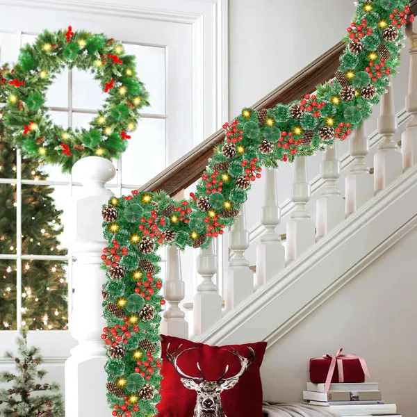 Jripae Pre-Lit Christmas Garland with Lights, 50 LEDs 9FT Christmas Garland Battery Operated Christmas Decoration Lighted Garland for Stairs Railing Fireplace Mantle Front Door Home Holiday Decor