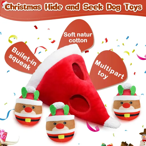 Christmas Squeaky Dog Toys 4 Pack Hide and Seek Dog Toys Christmas Hat Plush Dog Toys for Puppy Small Medium Breeds