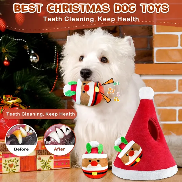 Christmas Squeaky Dog Toys 4 Pack Hide and Seek Dog Toys Christmas Hat Plush Dog Toys for Puppy Small Medium Breeds