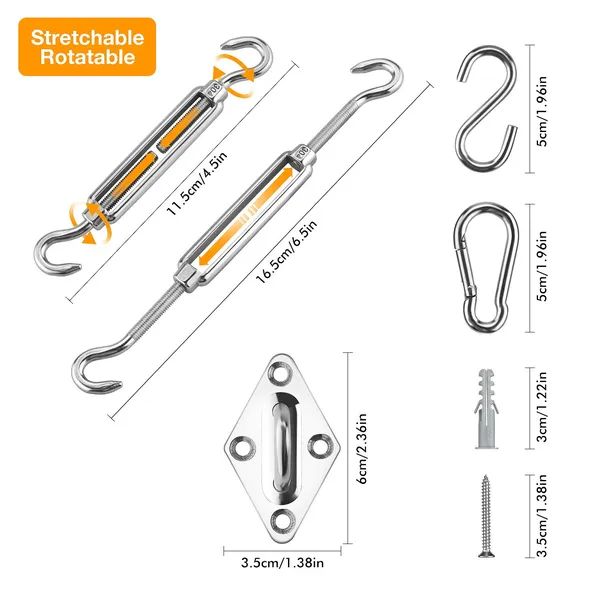 Shade Sail Hardware Kit, Stainless Steel Hardware Kit for Triangle Square Rectangle Sun Shade Sail Installation for Garden Patio Lawn,42 Pcs