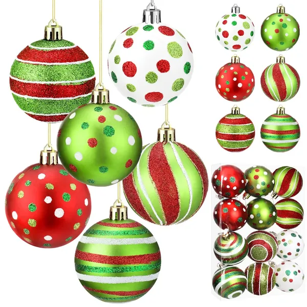 12 Pcs 2.4 Inch Christmas Ball Ornaments Glittering Plastic Hanging Decorations Elf Balls Swirl Candy Cane Peppermint Red and Green Christmas Tree Pendants for Xmas Tree Decoration