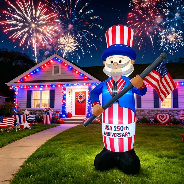 8FT 250th Anniversary 4th of July Inflatables Outdoor Decorations Patriotic Blow Up Yard Decorations with LED Lights Fourth of July Memorial Independence Day Party Garden Holiday Outside Decor