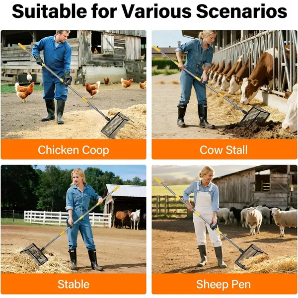 Pet Deluxe 2-in-1 Chicken Poop Scooper & Rake,12" Heavy Duty Sifting Shovel for Coop Cleaning, Adjustable 26" to 76" Stainless Steel Handle for Cleaning Cat Litter, Beach Sand, Small Farms, Pet Waste