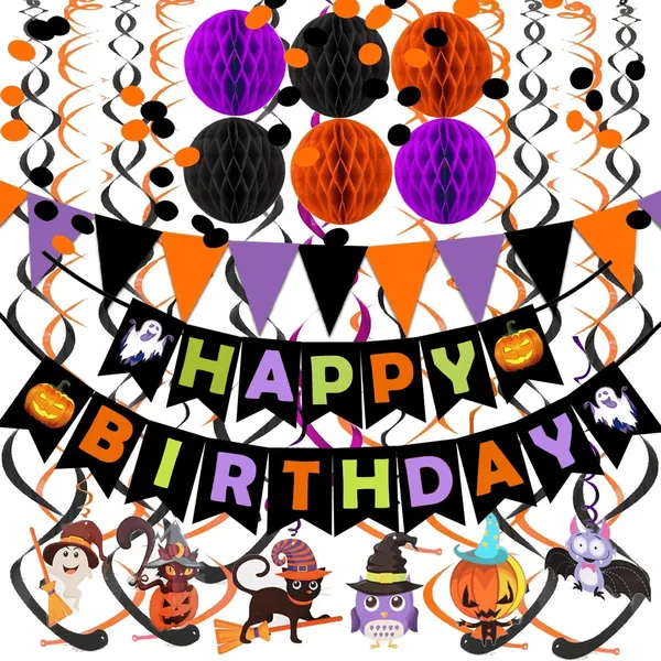 Jripae Halloween Birthday Decorations - Happy Birthday Banner with Honeycomb Ball, Halloween Hanging Swirl Streamer, Circle Dot Garland Decorations - Halloween theme Birthday Party Decoration