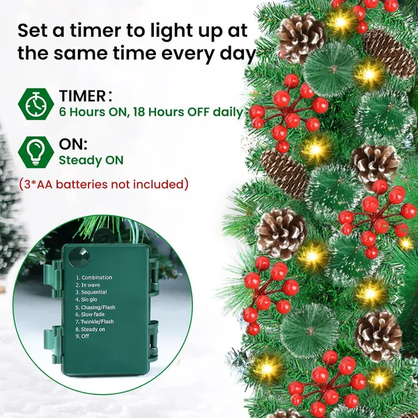 Jripae Pre-Lit Christmas Garland with Lights, 50 LEDs 9FT Christmas Garland Battery Operated Christmas Decoration Lighted Garland for Stairs Railing Fireplace Mantle Front Door Home Holiday Decor