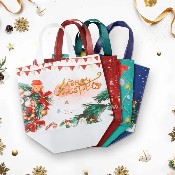 8 Pack Christmas Large Gift Bags with Handles, Non-Woven Tote Bags for Wrapping Xmas Party Favors, 12.8"x9.8"x6.7