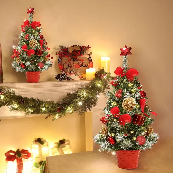 Jripae Tabletop Christmas Tree,16 inch Mini Artificial Pre-lit Christmas Tree with Battery Powered LED String Lights Christmas Decorations Indoor Xmas Office Home Decor