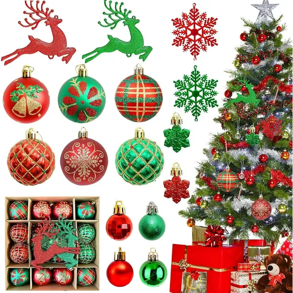 Christmas Tree Ornaments, Green Red Christmas Ball Ornaments Set of 40 Pack Shatterproof Plastic Xmas Decorations for Home Party Tree