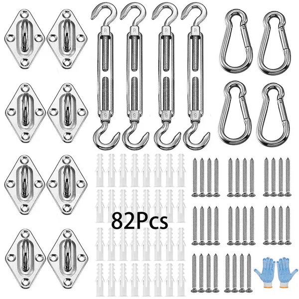 82Pcs Shade Sail Hardware Kit, Stainless Steel Hardware Kit for Triangle Square Rectangle Sun Shade Sail Installation for Garden Patio Lawn