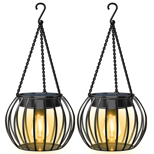 2Pack Solar Outdoor Lights Upgraded Hanging Solar Lantern Metal Solar Lights Outdoor Waterproof Lanterns Decorative Outdoor Lights Solar Powered Tree Lantern for Garden Yard Patio Pathway