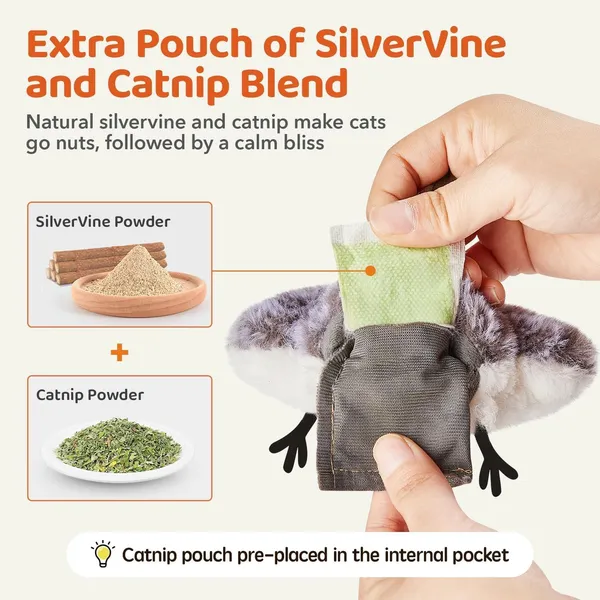 URRU Interactive Cat Toys Flapping Bird 4 in, Lifelike Sandpiper Chirp Tweet, Rechargeable Touch Activated Kitten Toy Interactive Cat Exercise Toys for Indoor Cat Kicker Catnip Toys