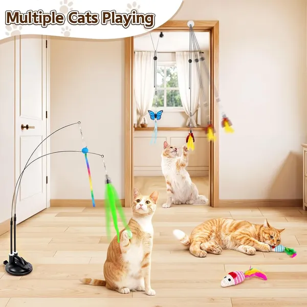 Cat Toy,4 in 1 Indoor Cat Interactive Toys,14Pcs Durable Teaser Cat Toy Replacements,Interactive Cat Feather Toys with Hanging Door Kitten Wand Suction Cup Feathers Ball Mice Butterfly Streamer
