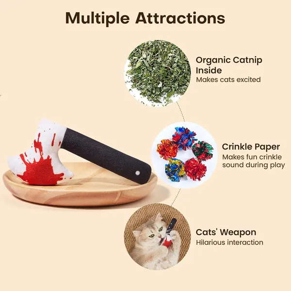 URRU 4Pcs Cat Toys, Horror Halloween Knife-Shaped Kitten Catnip Crinkly Sound Toys, Indoor Exercise for All Cat Breeds 6.5 Inches
