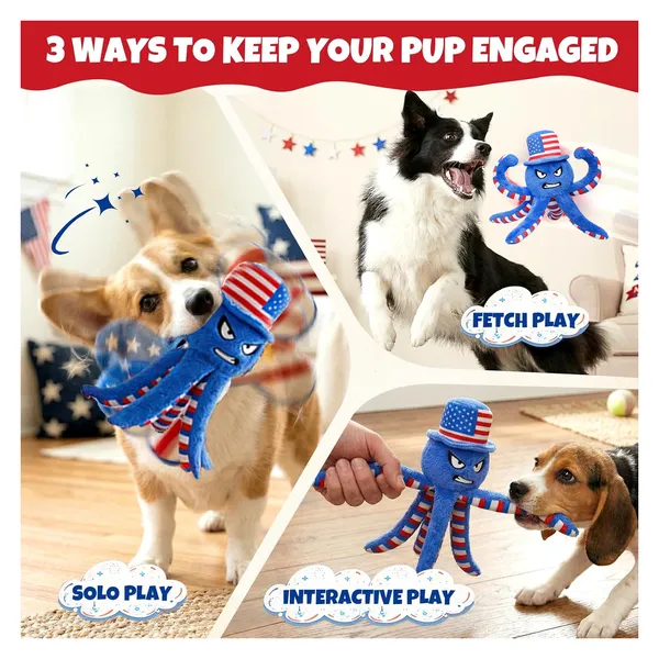 Pet Deluxe Dog Squeaky Toy USA 250th Independence Day Plush Dog Toys to Keep Them Busy,Interactive Squeaky Tug of War Doggie Toy, Crinkle Blue Octopus for Small Medium Dogs