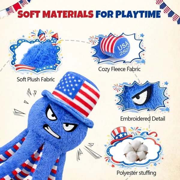 Pet Deluxe Dog Squeaky Toy USA 250th Independence Day Plush Dog Toys to Keep Them Busy,Interactive Squeaky Tug of War Doggie Toy, Crinkle Blue Octopus for Small Medium Dogs