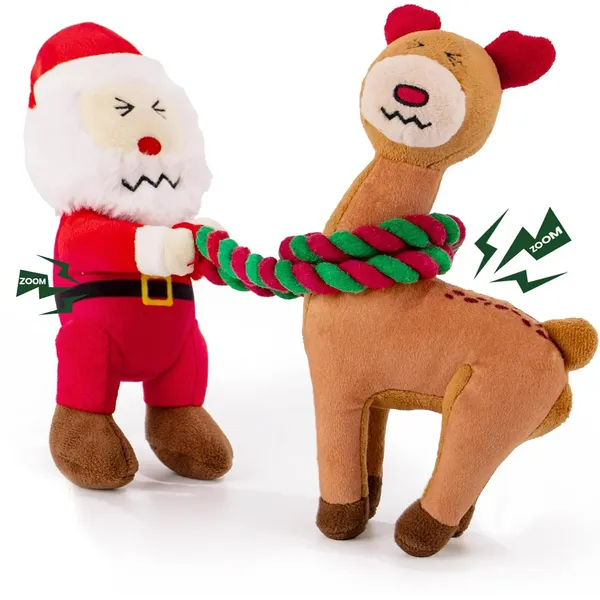 Christmas Dog Toys - 2 Pack Squeaky Stuffed Toys for Large Medium Small Dogs With Detachable Rope, Crinkle to Keep Them Busy - Santa Claus & Reindeer