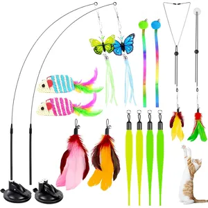 Cat Toy,4 in 1 Indoor Cat Interactive Toys,14Pcs Durable Teaser Cat Toy Replacements,Interactive Cat Feather Toys with Hanging Door Kitten Wand Suction Cup Feathers Ball Mice Butterfly Streamer