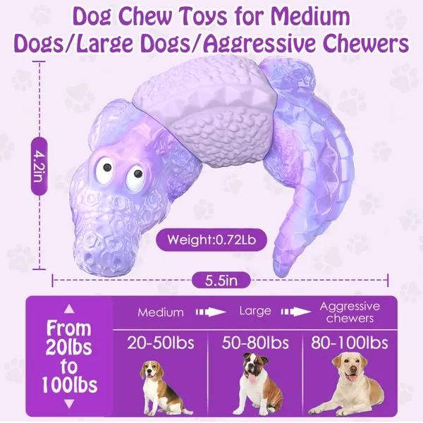 Dog Toys for Super Aggresive Chewers Indestructible Interactive Tough Dog Chew Crocodile Toy Heavy Duty Durable Toys Teeth Cleaning for Large Medium Dogs (Purple)
