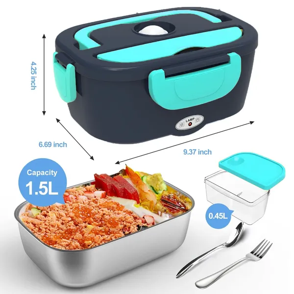 Lunch Box Food Heater 2-In-1 Portable Food Warmer Lunch Box & Home – Leak Proof, 2 Compartments, Removable 304 Stainless Steel Container, SS Fork & Spoon and Carry Bag
