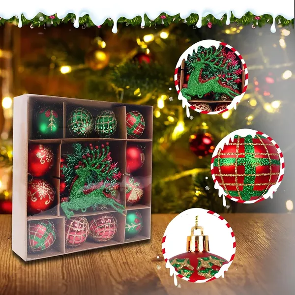 Christmas Tree Ornaments, Green Red Christmas Ball Ornaments Set of 40 Pack Shatterproof Plastic Xmas Decorations for Home Party Tree