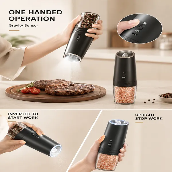 AsFrost Rechargeable Electric Salt and Pepper Grinder Set Gravity Salt and Pepper Mills Set with LED Light, No Battery Needed, Adjustable Coarseness, Washable 135ml Container