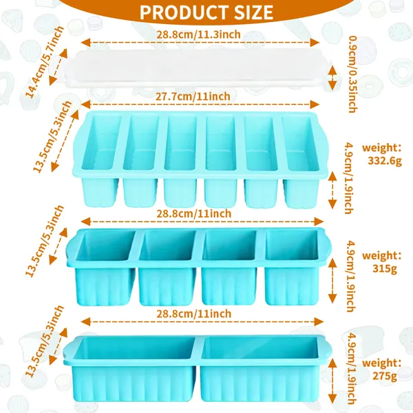 AsFrost 3Pack Silicone Freezer Trays with Lid,2 Large 2-Cup(500ml)&4 Medium 1-Cup(125ml)&6 Small 1/2-Cup(75ml) Soup Freezer Container Molds,Ice Cube Tray For Meal Prep&Freezing Soup,Stews,Sauces