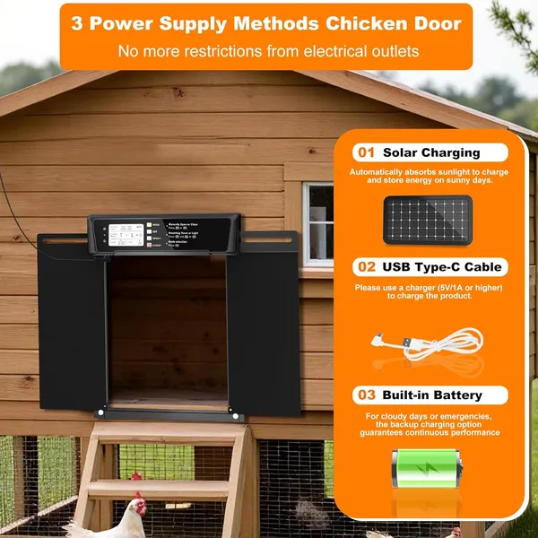Pet Deluxe Extra Large Automatic Chicken Coop Door Solar Power,Anti-Pinch Horizontally Cold Weather Electric Chicken Door with Timer,Light Sensor,Aluminum Auto Chicken Door Opener with Remote Control