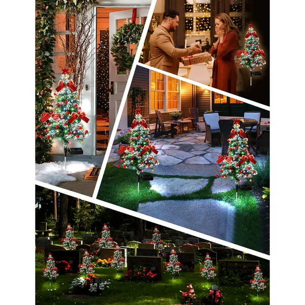 2PCS Solar Christmas Trees Lights Outdoor Decor Waterproof, 40LED Small Metal Xmas Tree Pathway Lights, Garden Stake Lights Yard Decor with Snow 2 Modes for Path Lawn Patio