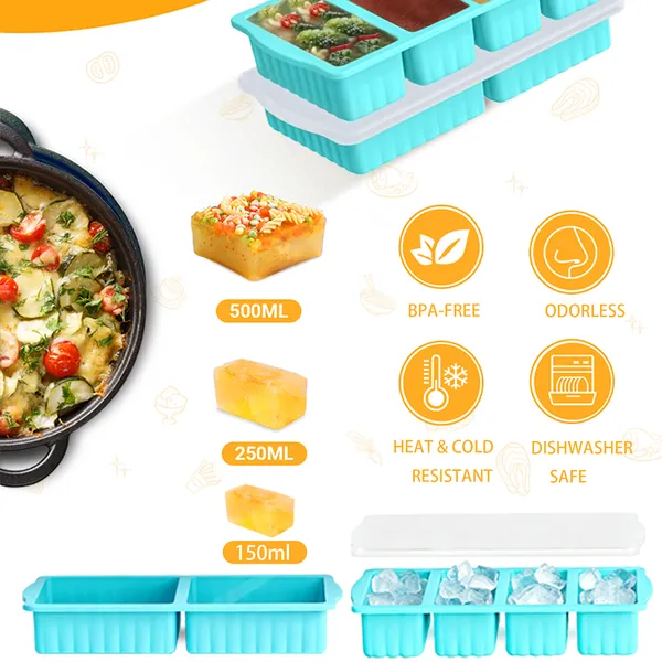 AsFrost 3Pack Silicone Freezer Trays with Lid,2 Large 2-Cup(500ml)&4 Medium 1-Cup(125ml)&6 Small 1/2-Cup(75ml) Soup Freezer Container Molds,Ice Cube Tray For Meal Prep&Freezing Soup,Stews,Sauces